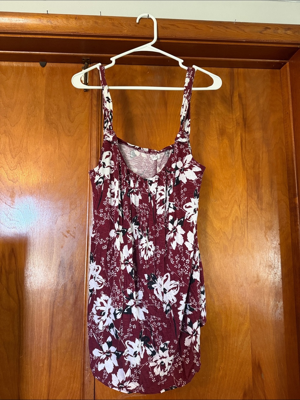 Maroon Floral Tank Dress - White Flower Print